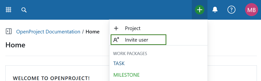 Button to invite new users in the header navigation of OpenProject