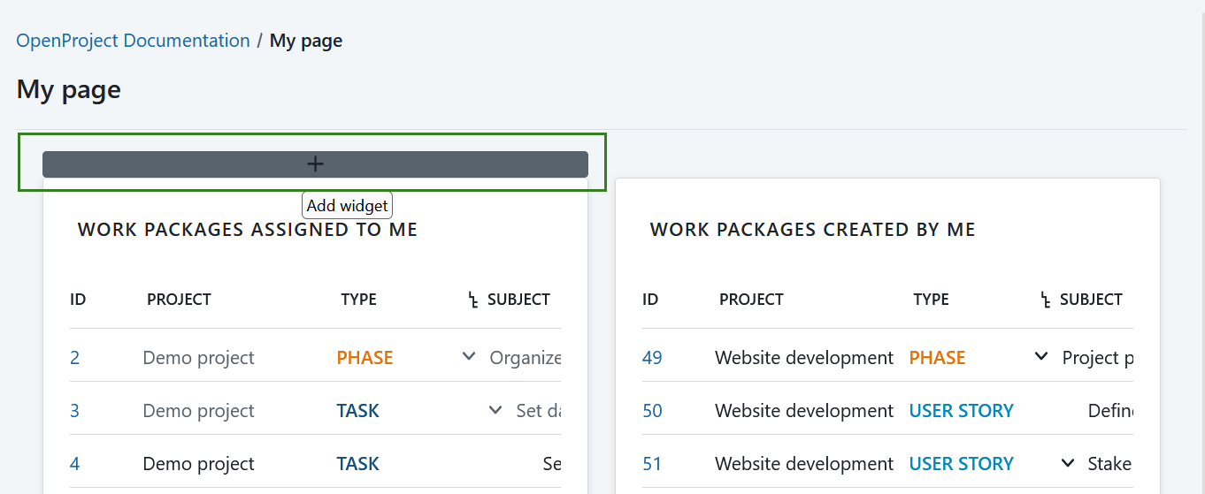 Plus icon to add a new widget to My page in OpenProject