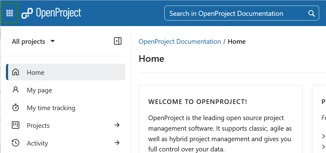 Grid icon in the top left corner of OpenProject head navigation