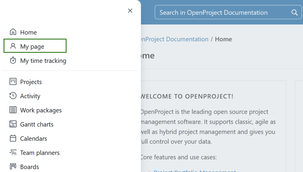 An overlay menu showing global modules and further options in the head navigation in OpenProject