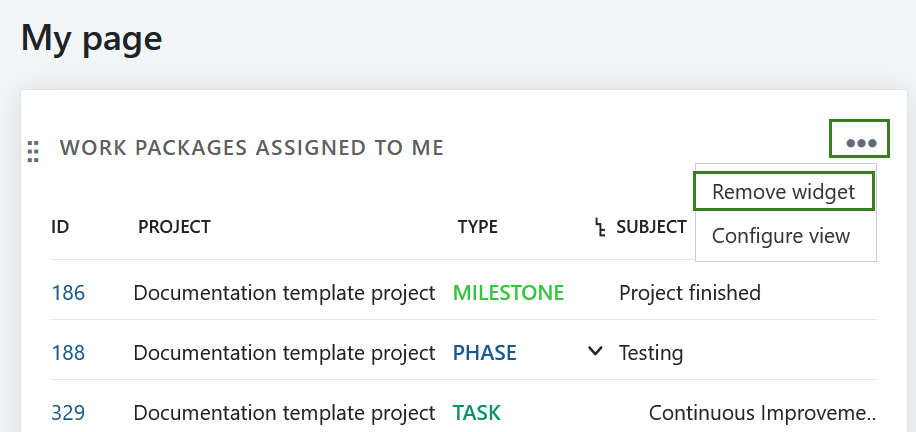 Remove a widget on My page in OpenProject