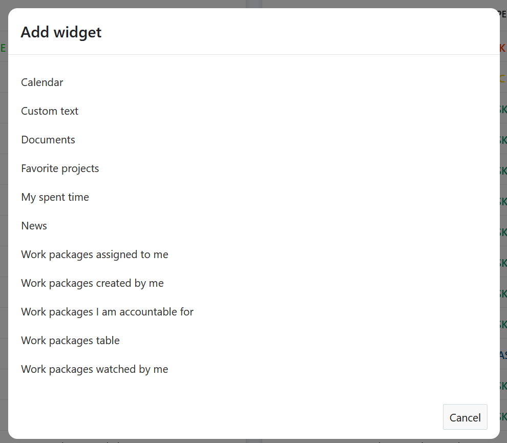 A list of available widgets in a popover form on My page in OpenProject
