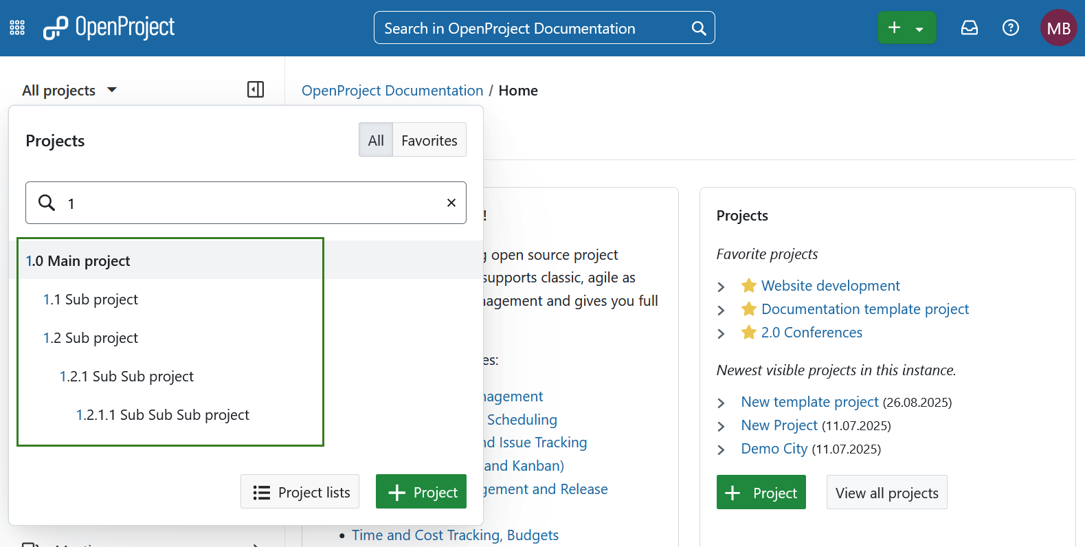 Project hierarchy displayed in “all projects” dropdown menu in OpenProject