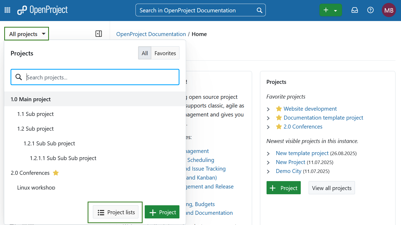 “Project lists” button at the bottom of “All projects” dropdown list in OpenProject header navigation to open a list of all projects