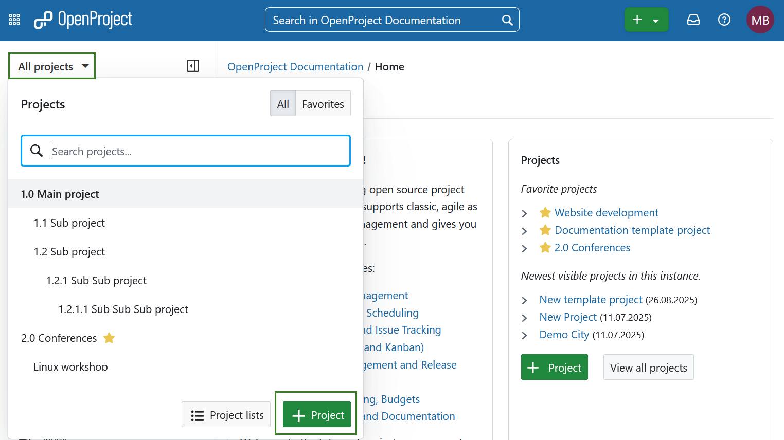 +Project button to create a new project on the OpenProject overview page