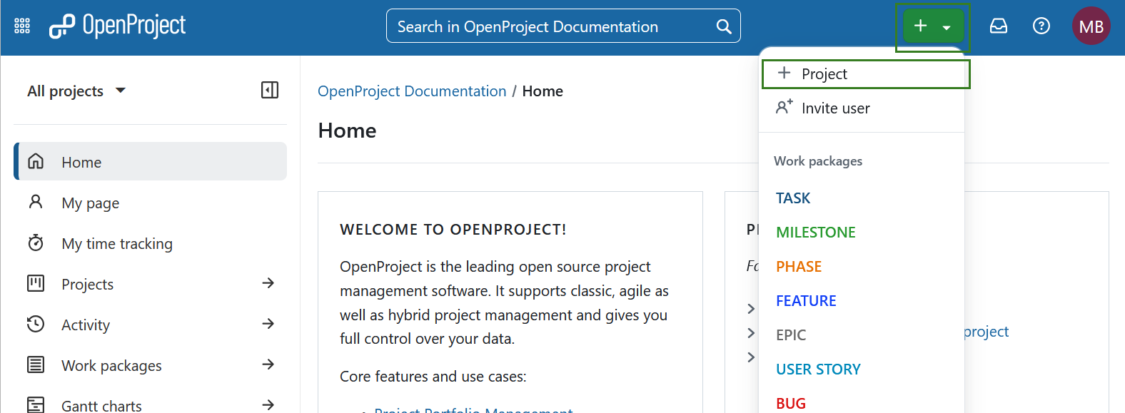 + Button in the top right corner of the OpenProject head navigation, opened, showing an option to add a new project