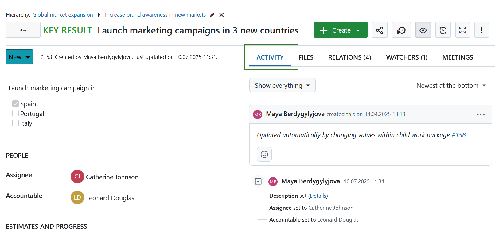 Activity tab in a detailed view of a work package in OpenProject