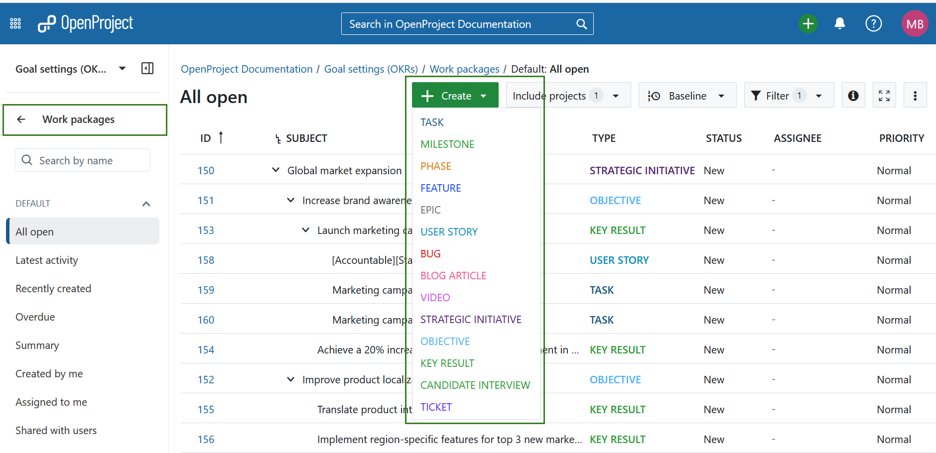 Create button to create a new work package in OpenProject