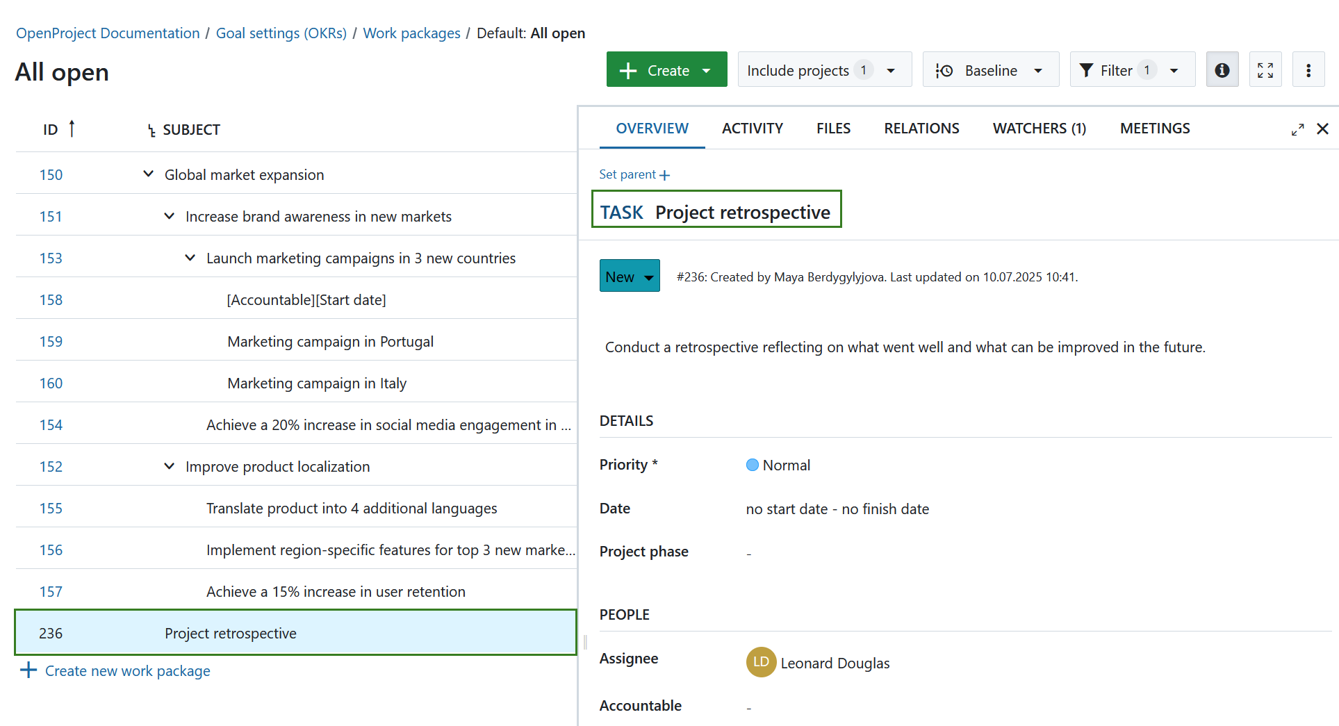Newly created work package is displayed in the work packages list in OpenProject