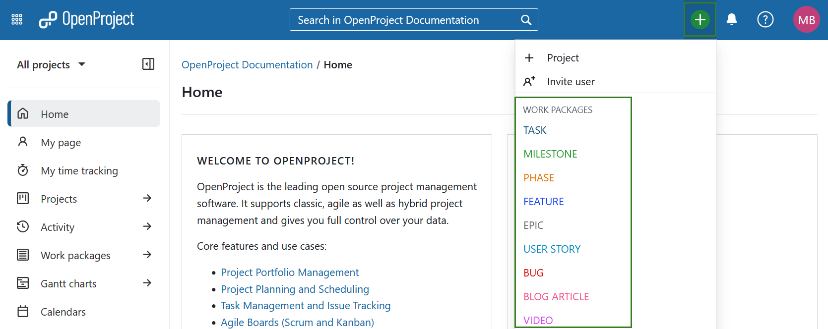 Plus icon in the header navigation of OpenProject, opened and showing work package types to create a new work package
