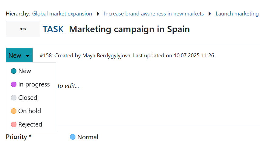 Work package status dropdown menu opened in a detailed work package view in OpenProject