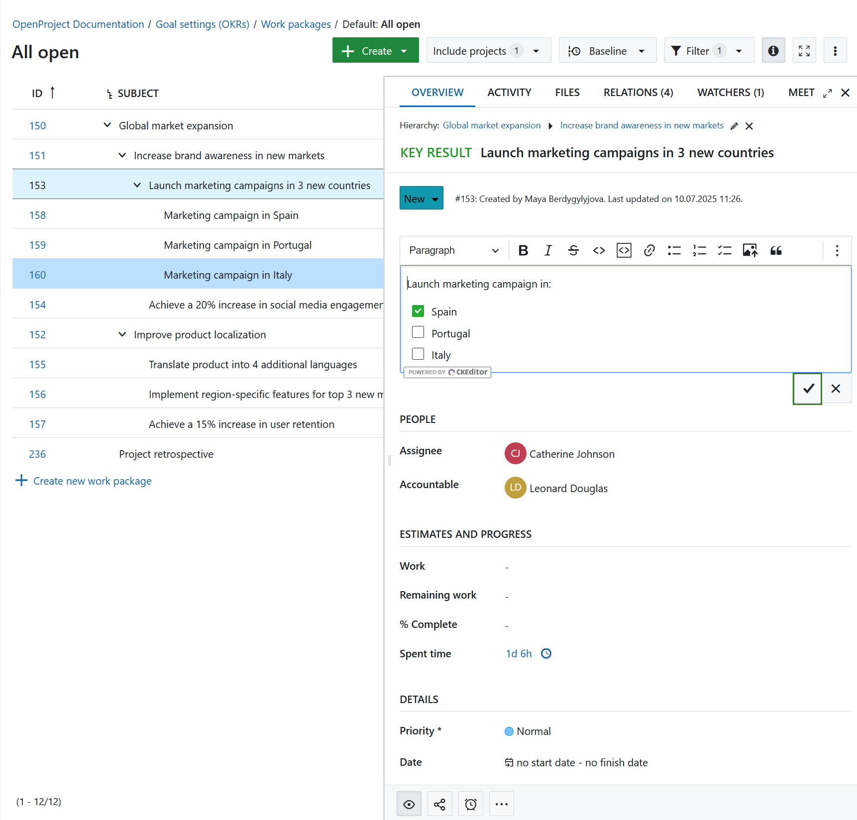 Update a work package in a split screen view in OpenProject
