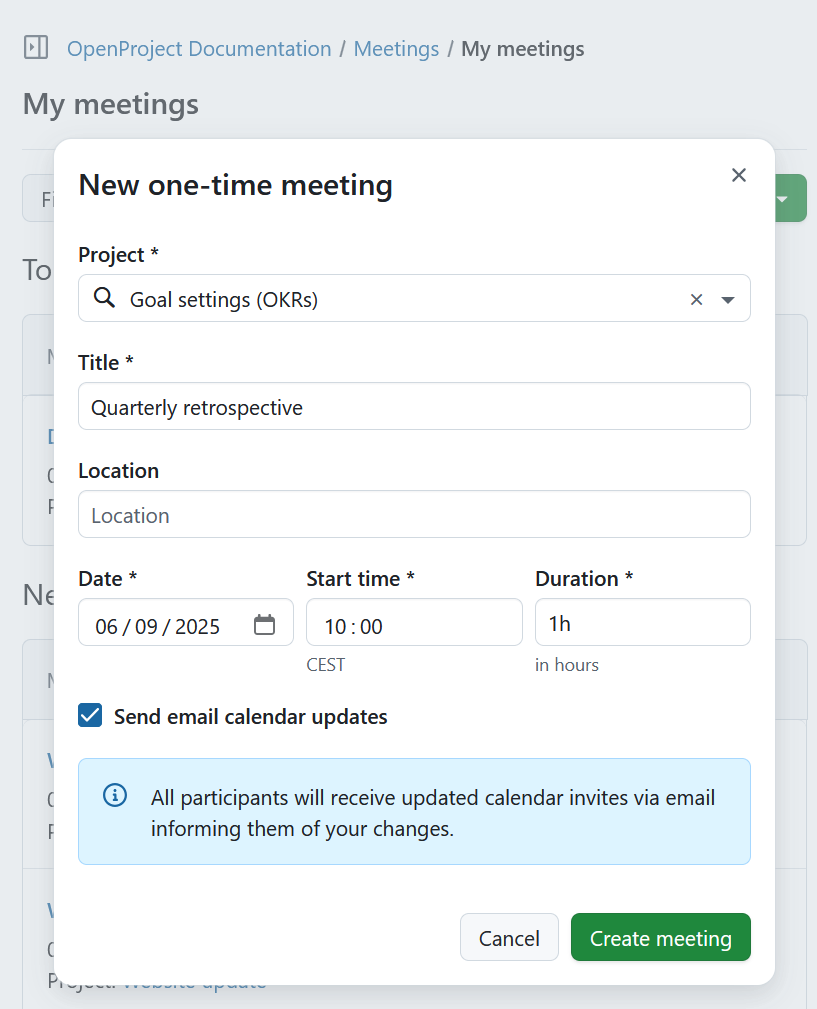 Creating a new meeting from the Meetings global module