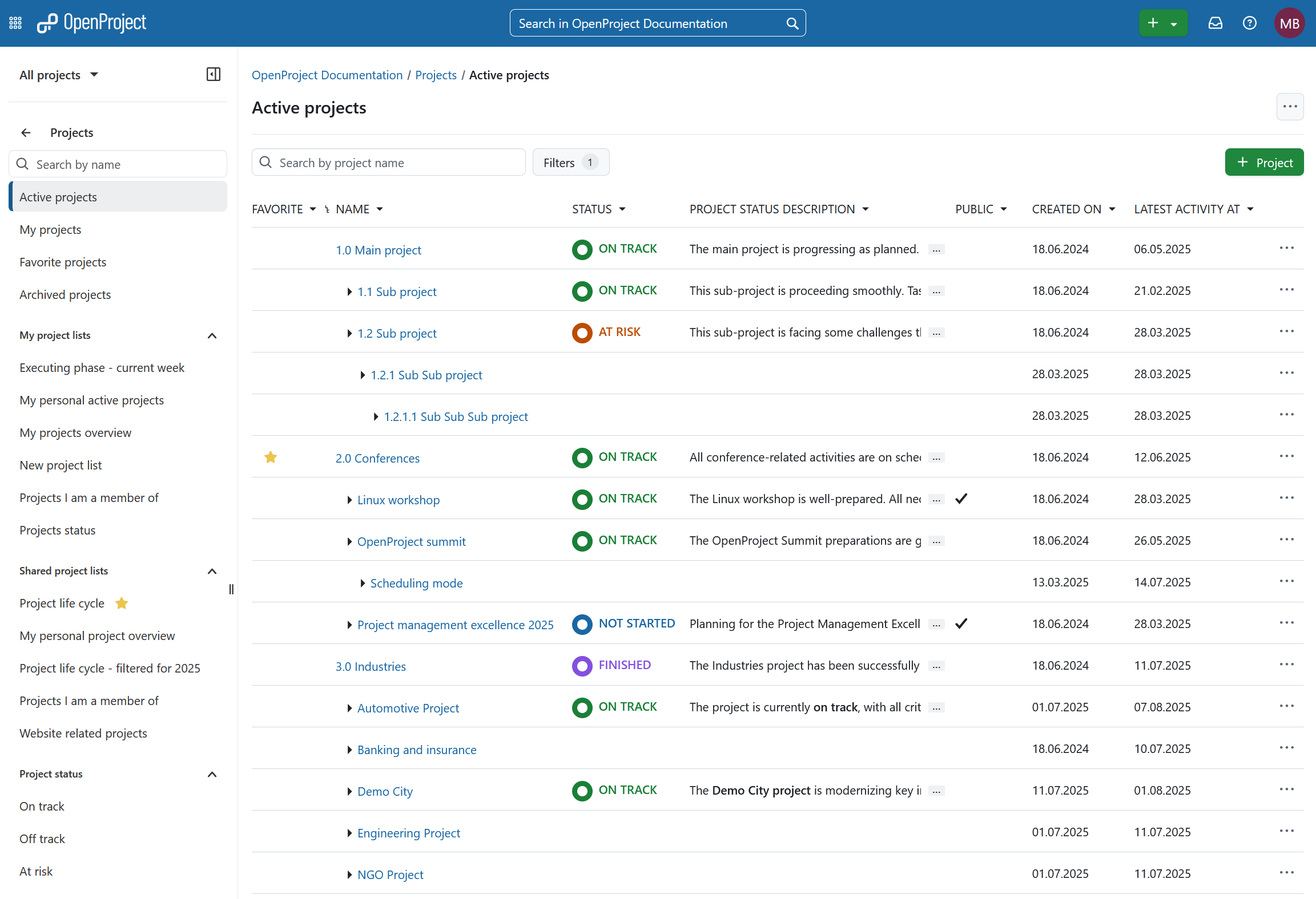 OpenProject projects overview in the global modules menu