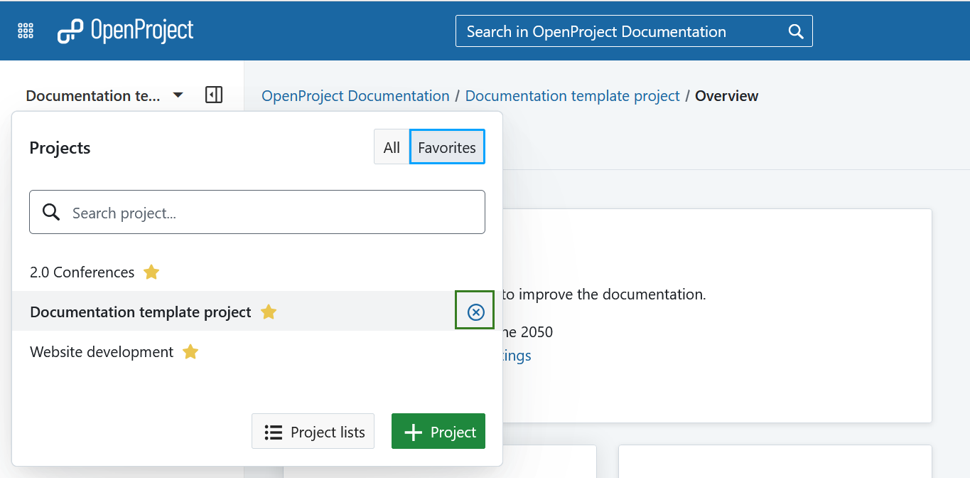 Unselect a project from the project list in OpenProject