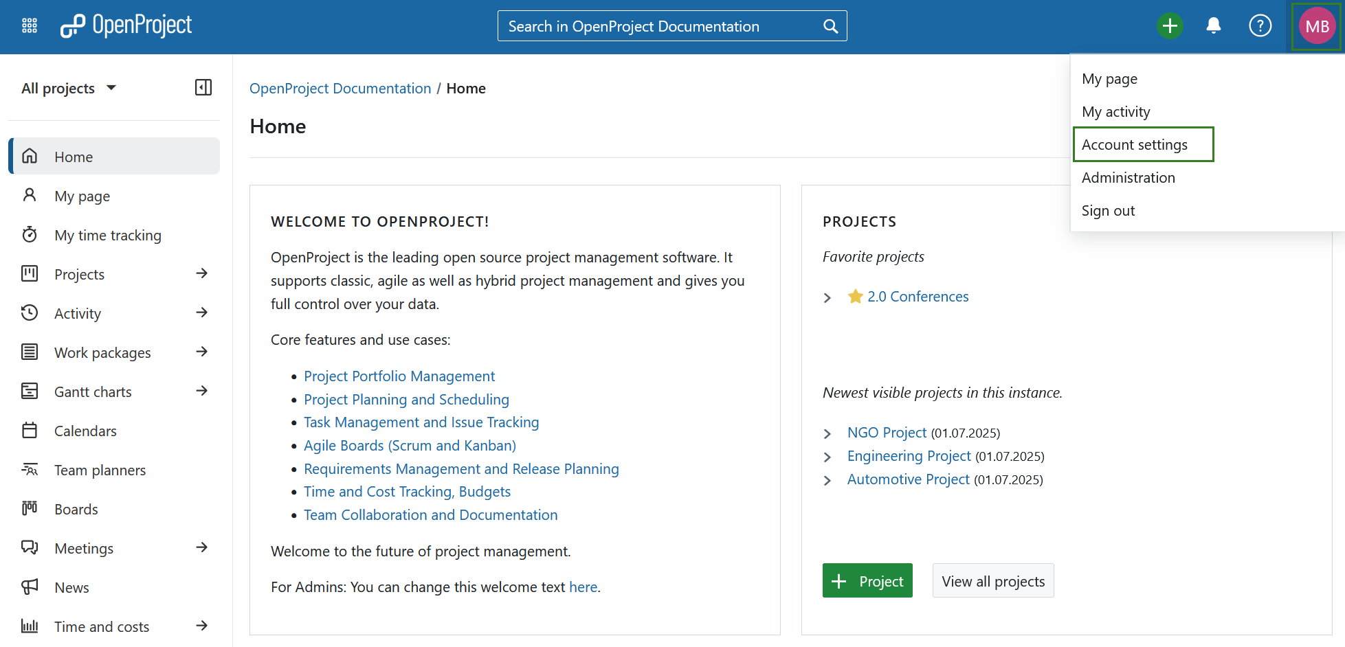 Account settings in OpenProject