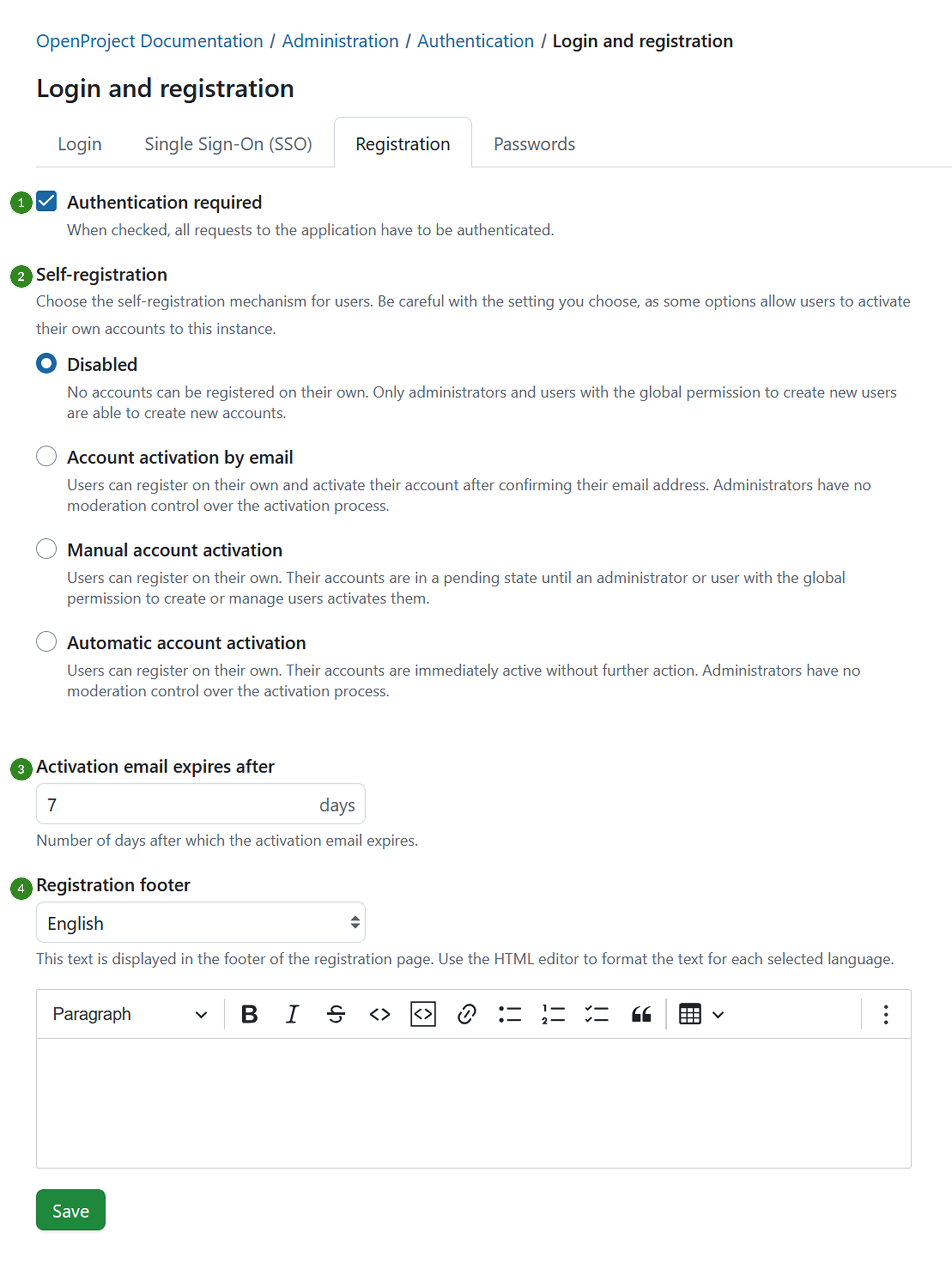 Registration tab under Login and Registration section of authentication settings in OpenProject administration