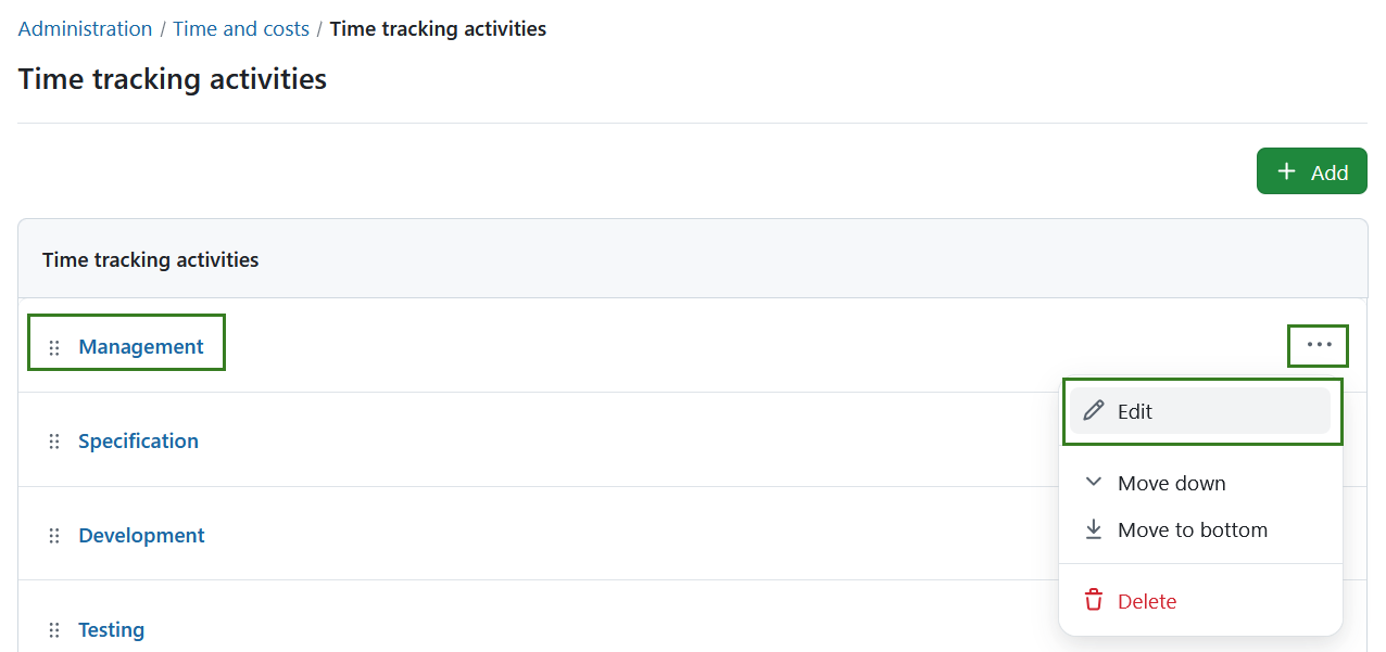 Edit a time tracking activity in OpenProject administration