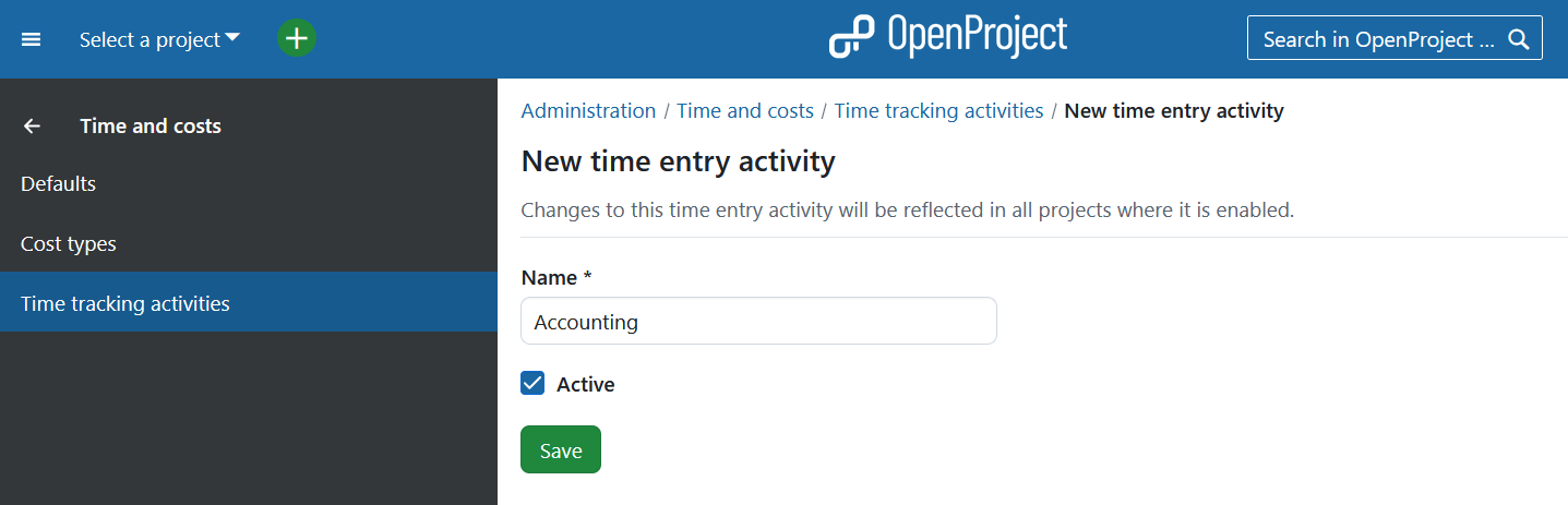 Create new time tracking activity in OpenProject
