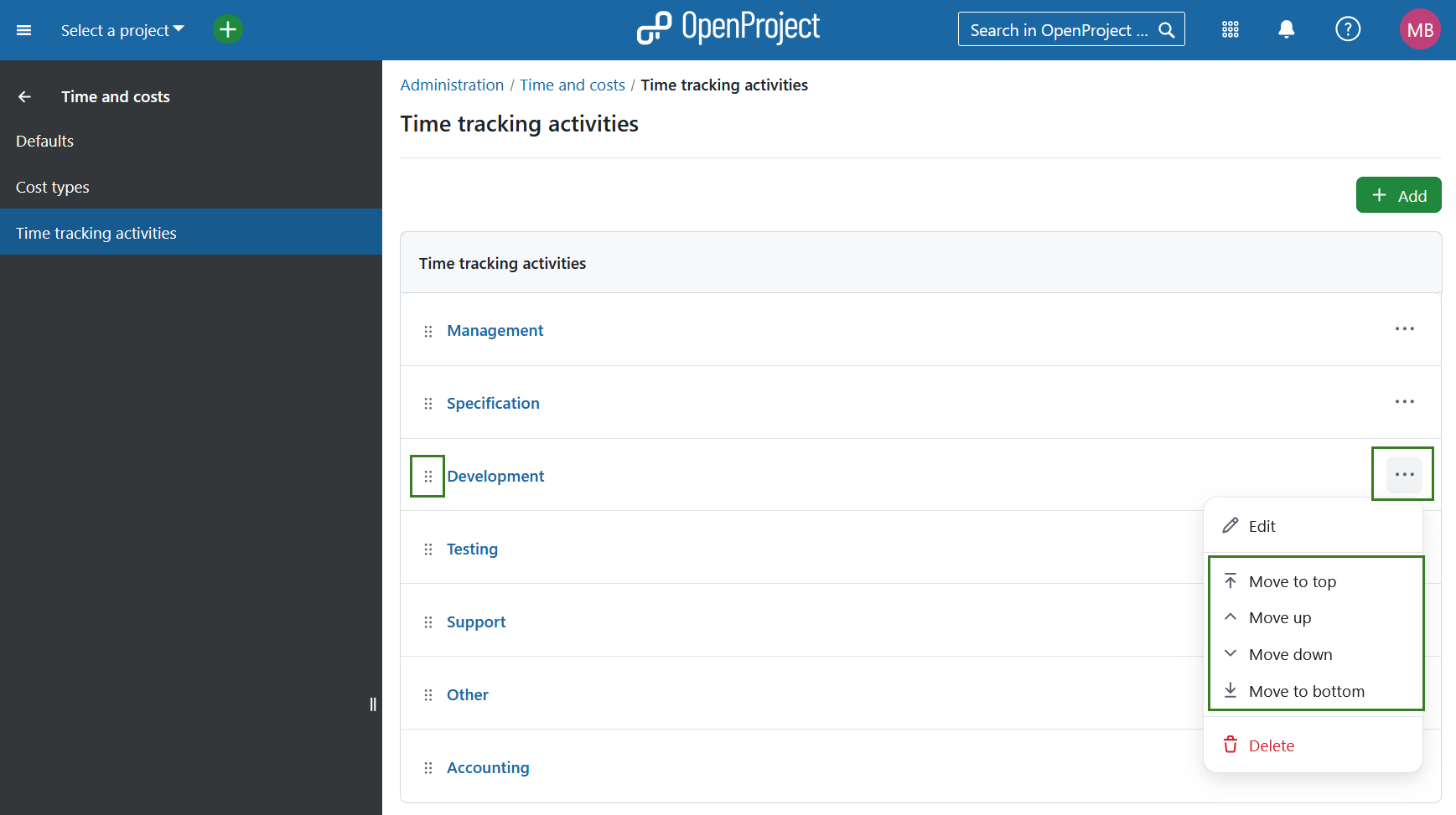 Overview of existing time tracking activities in OpenProject administration