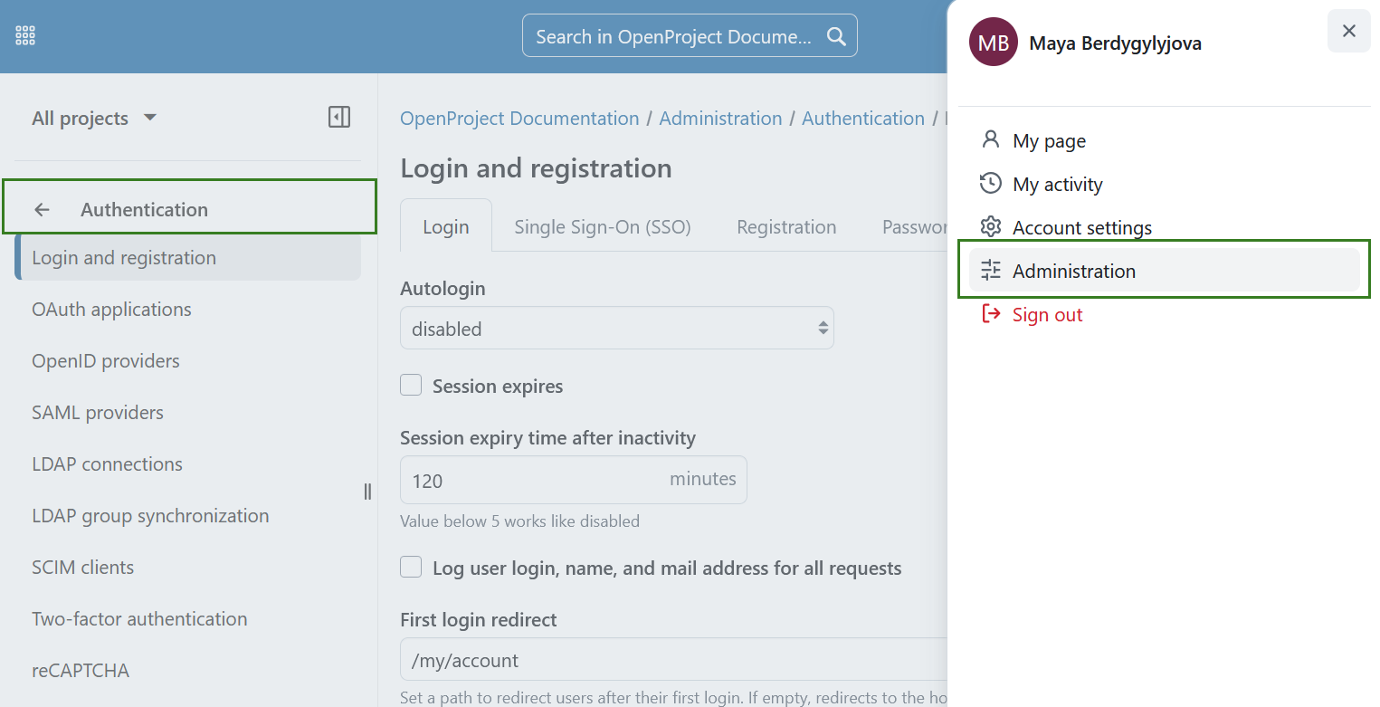Authentication settings in OpenProject system administration