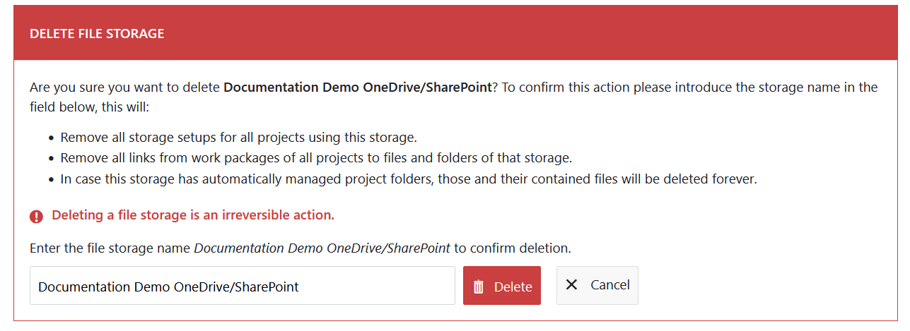 Delete a OneDrive integration from OpenProject system settings