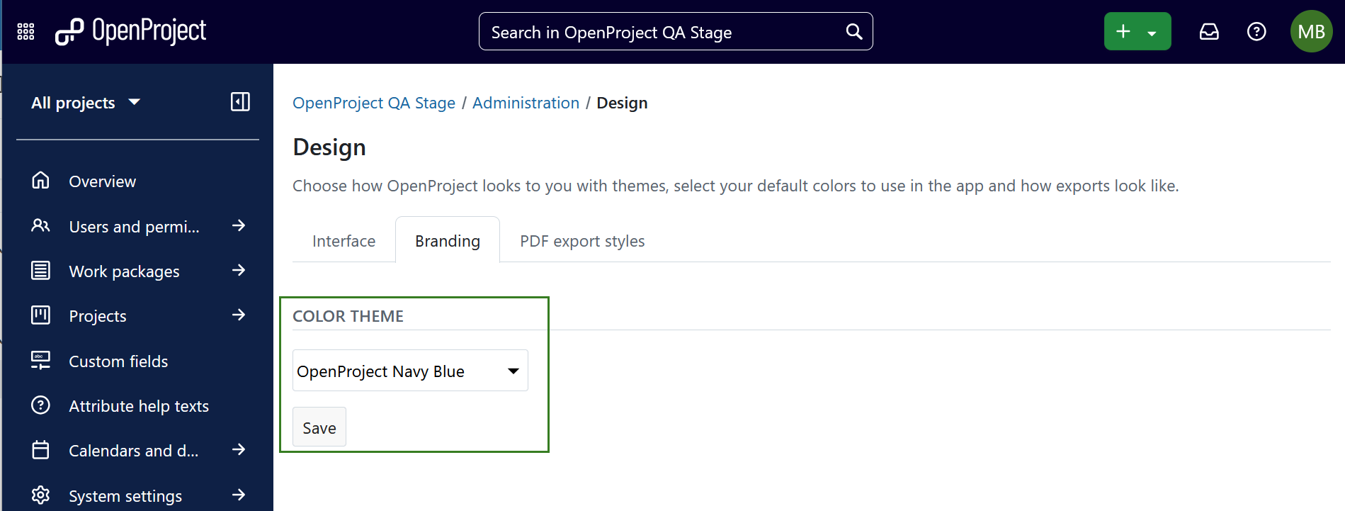 Change color theme in OpenProject administration settings