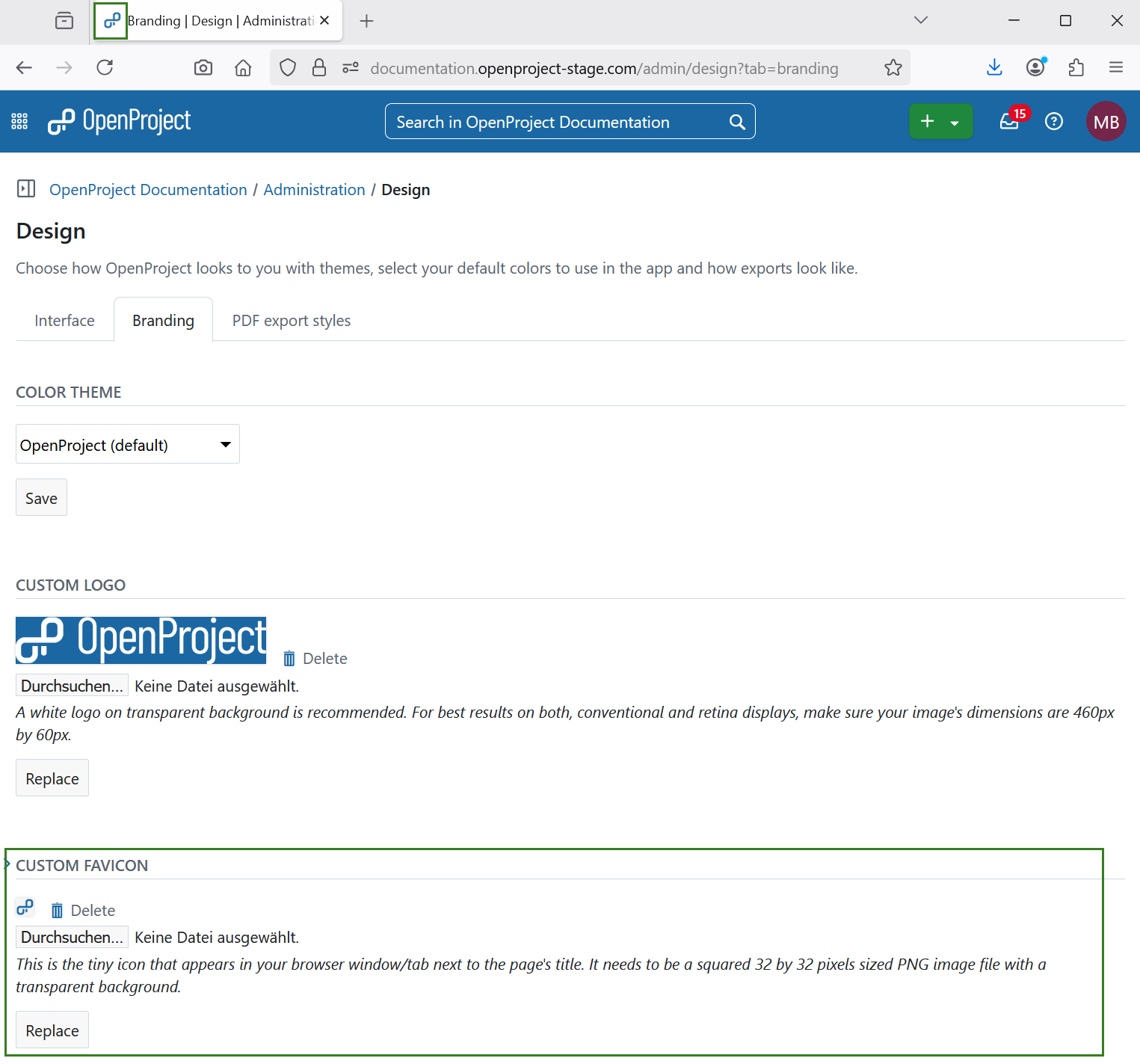 Custom favicon in OpenProject design settings