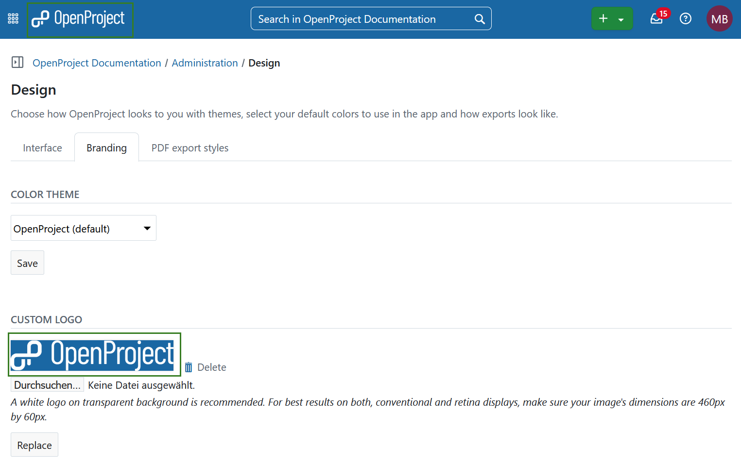 Custom logo updated in OpenProject administration