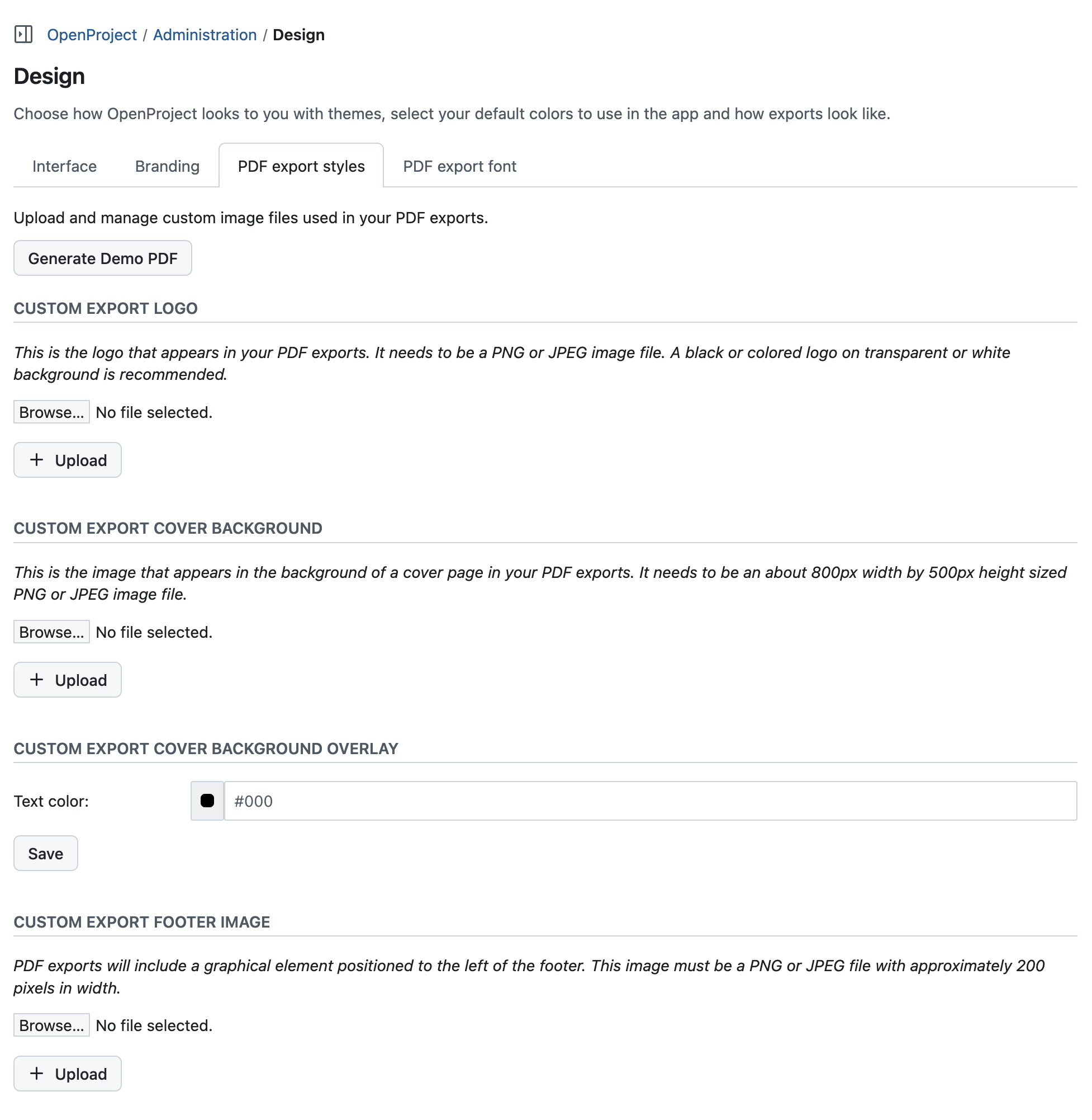 PDF export styles settings in OpenProject administration