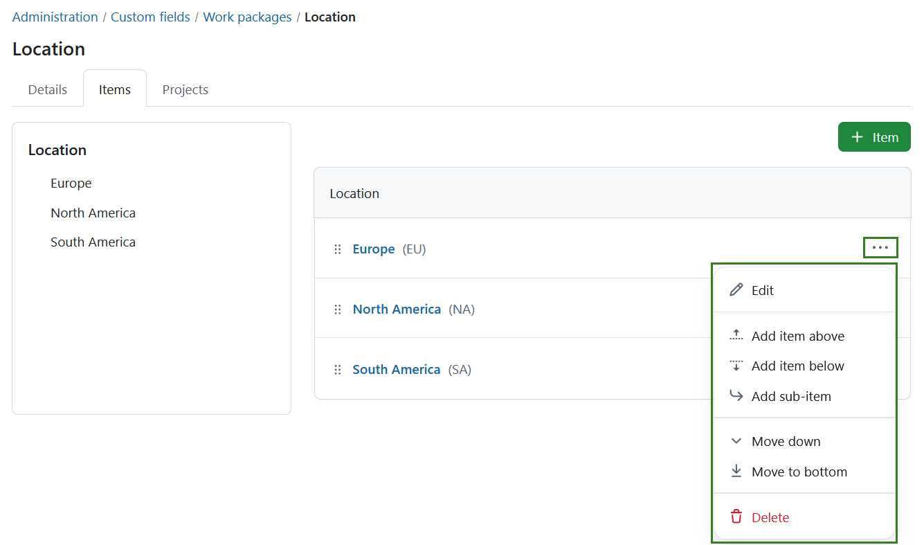 Edit items for hierarchy custom fields in OpenProject administration