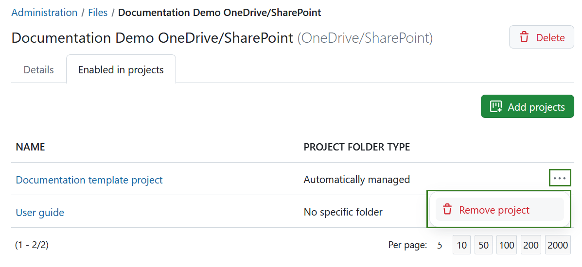 Remove OneDrive file storage from a project in OpenProject administration