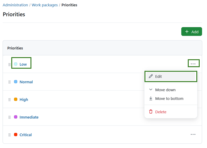 Edit a work package priority in OpenProject administration