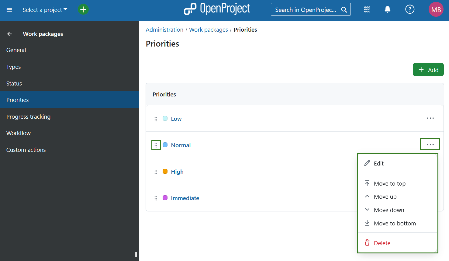 Work package priorities overview in OpenProject administration