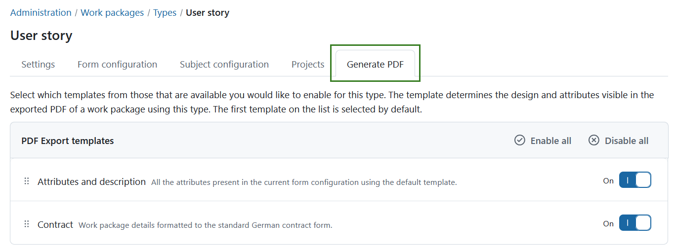 Generate PDF tab under work package types settings in OpenProject administration