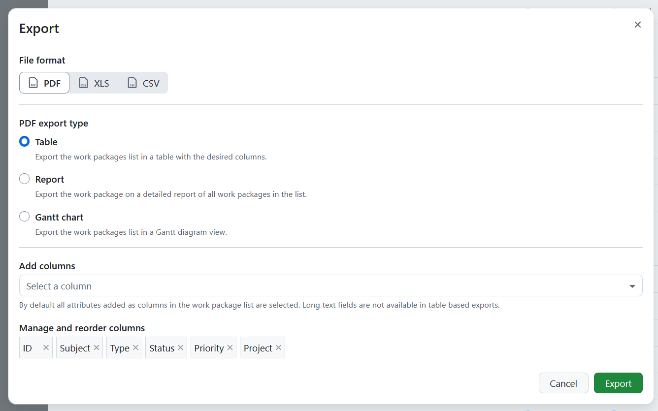 Work package export options in OpenProject