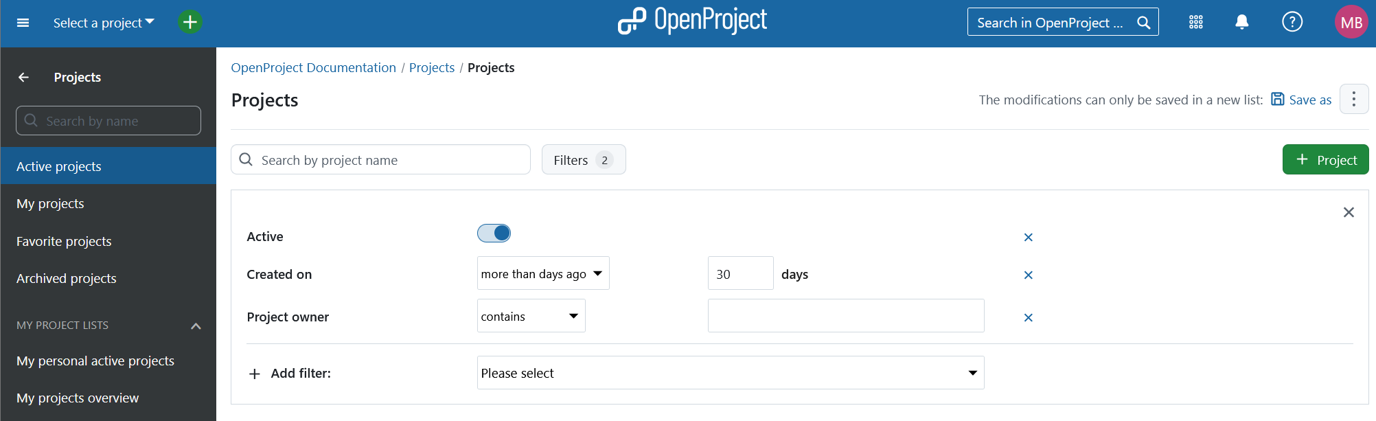 Project list filters in OpenProject