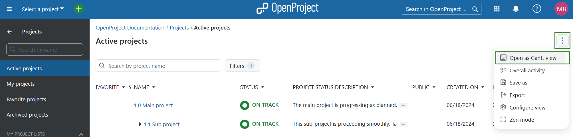 Button to open OpenProject projects overview in Gantt view