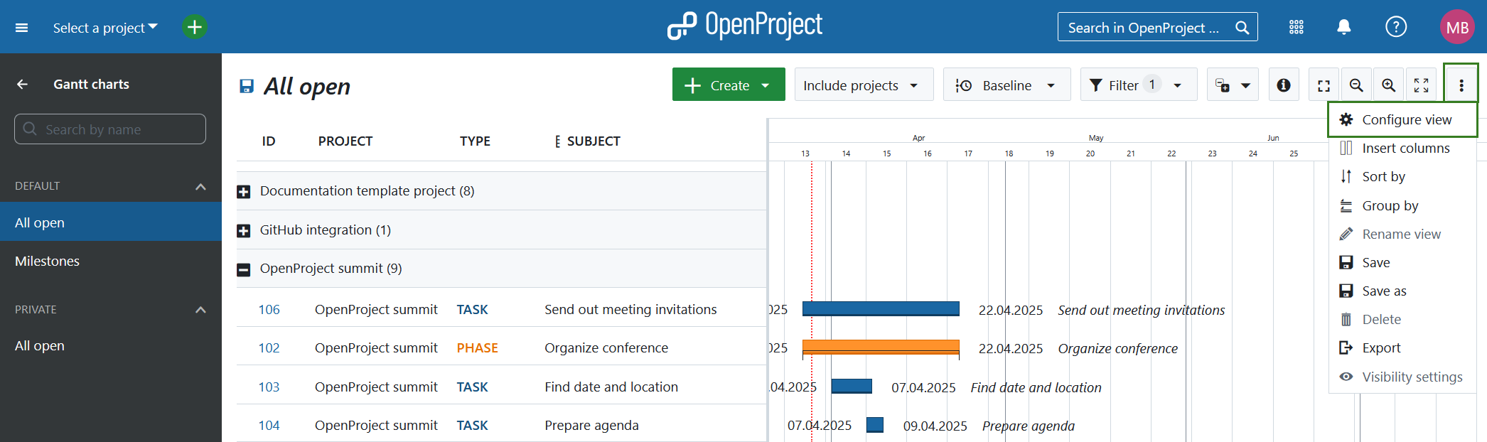 Configure projects overview in Gantt charts module in OpenProject