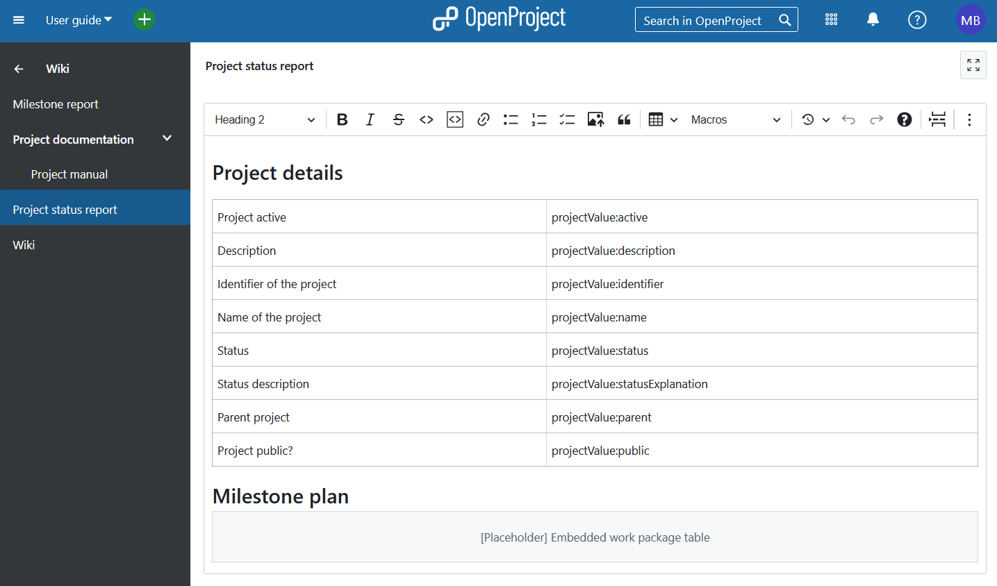 Editing a wiki page with dynamic data on project details in OpenProject