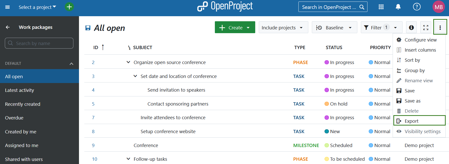 Icon to export work packages in OpenProject
