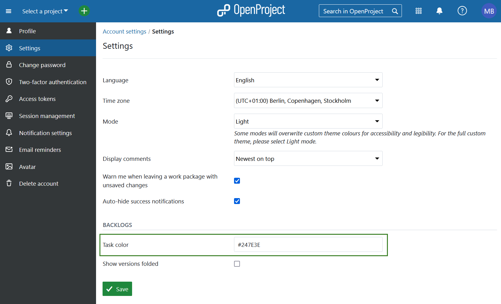 Set task color under Account settings in OpenProject
