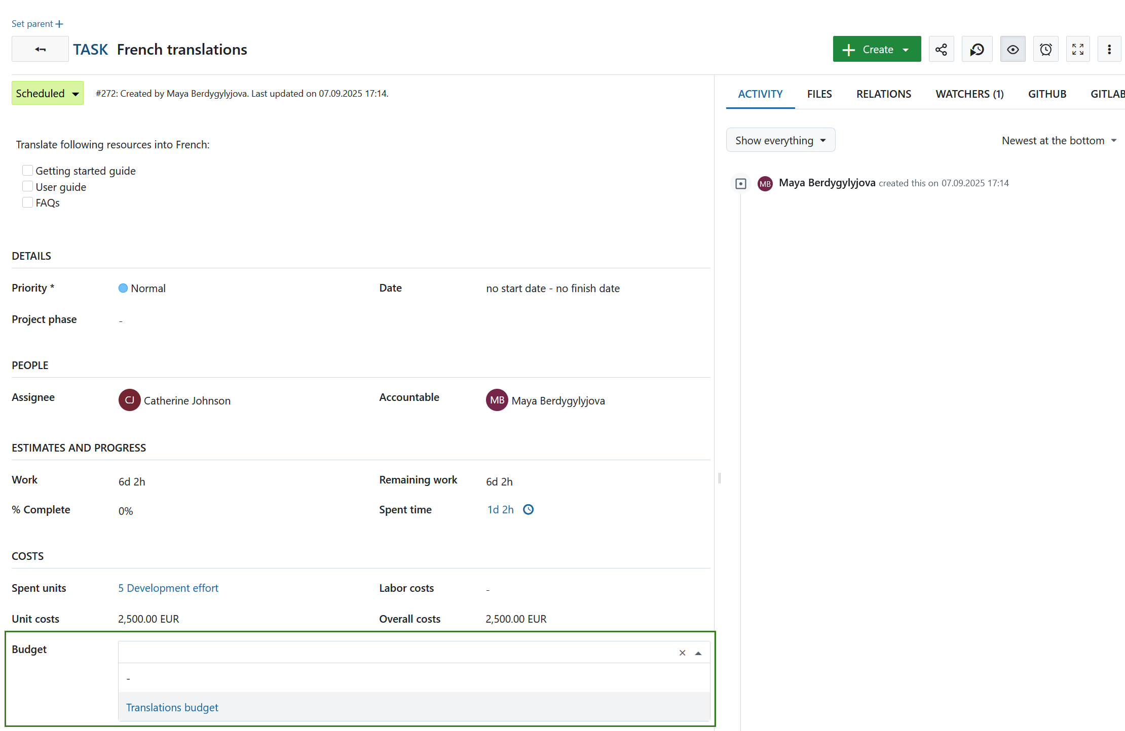 Assign a work package to a budget in OpenProject