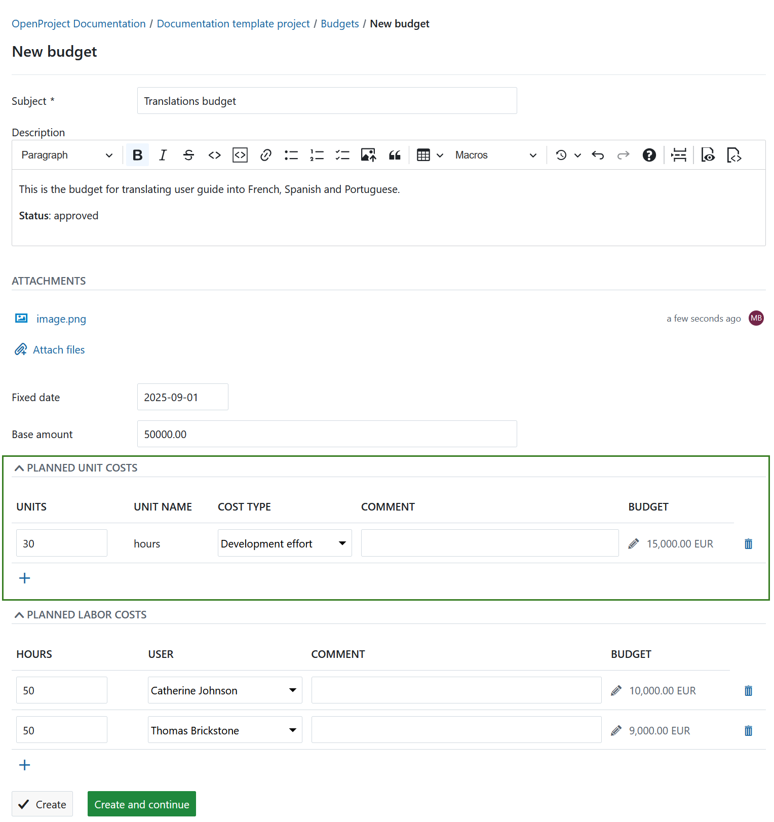 Specify planned unit costs for a new budget in OpenProject