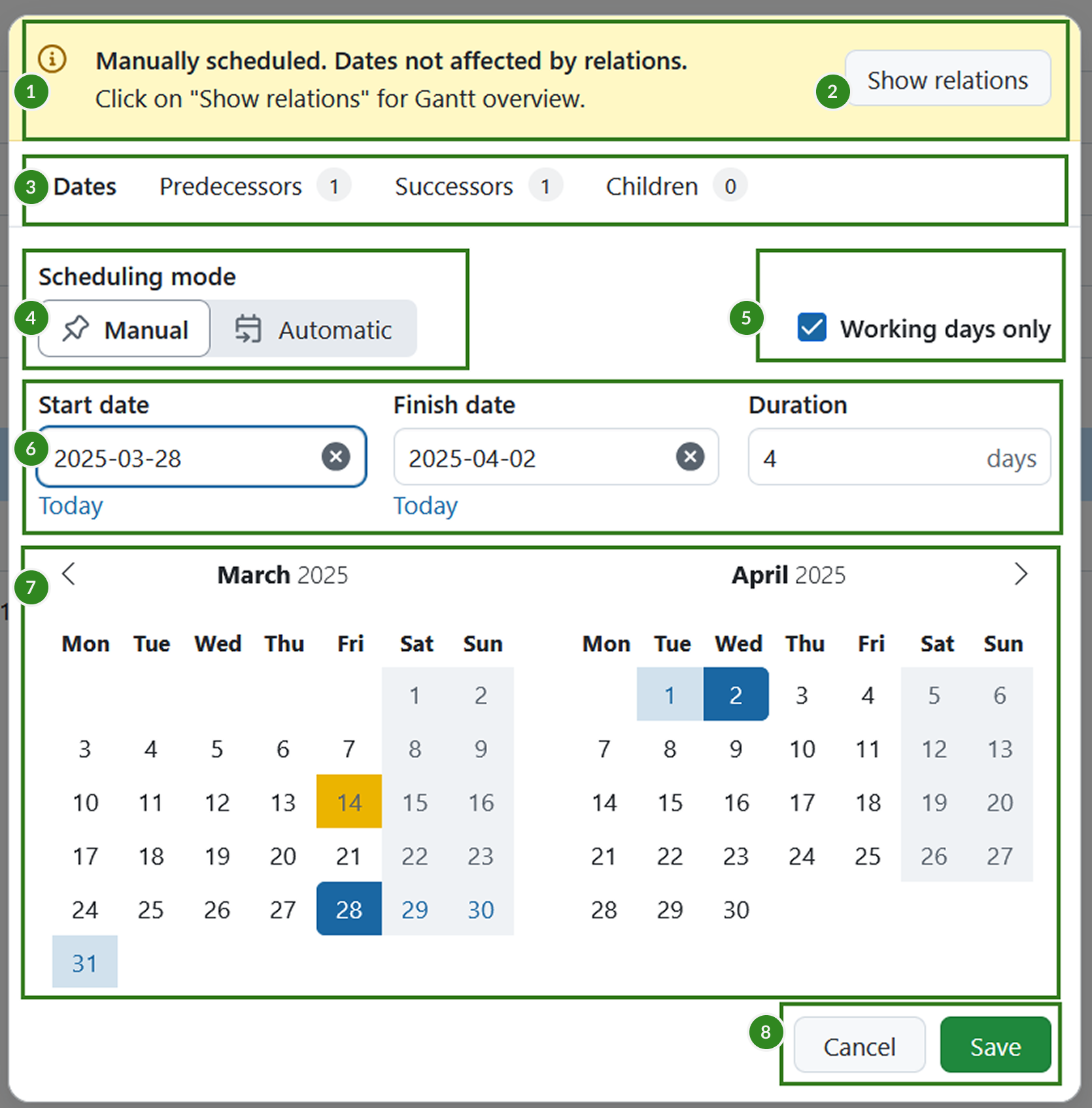 The standard OpenProject date picker with different elements highlighted