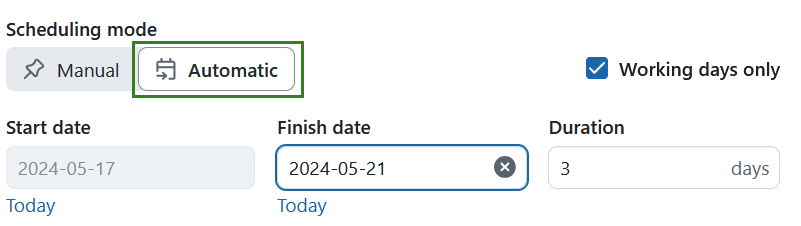 A switch on the date picker allows you to enable automatic scheduling mode in OpenProject