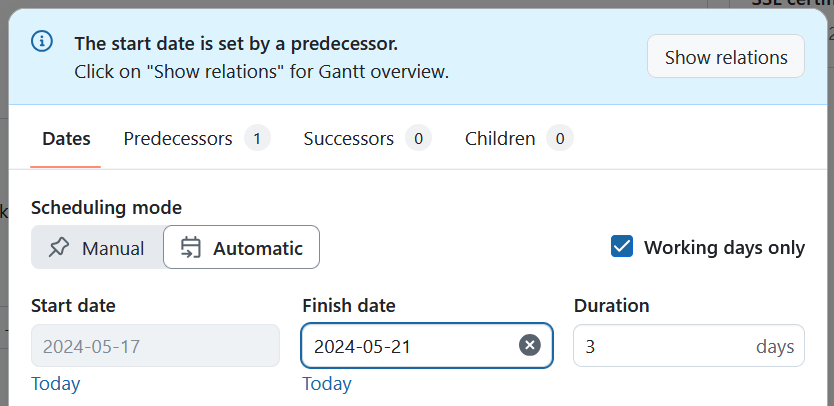 A blue banner informing the user that the worked package is automatically scheduled