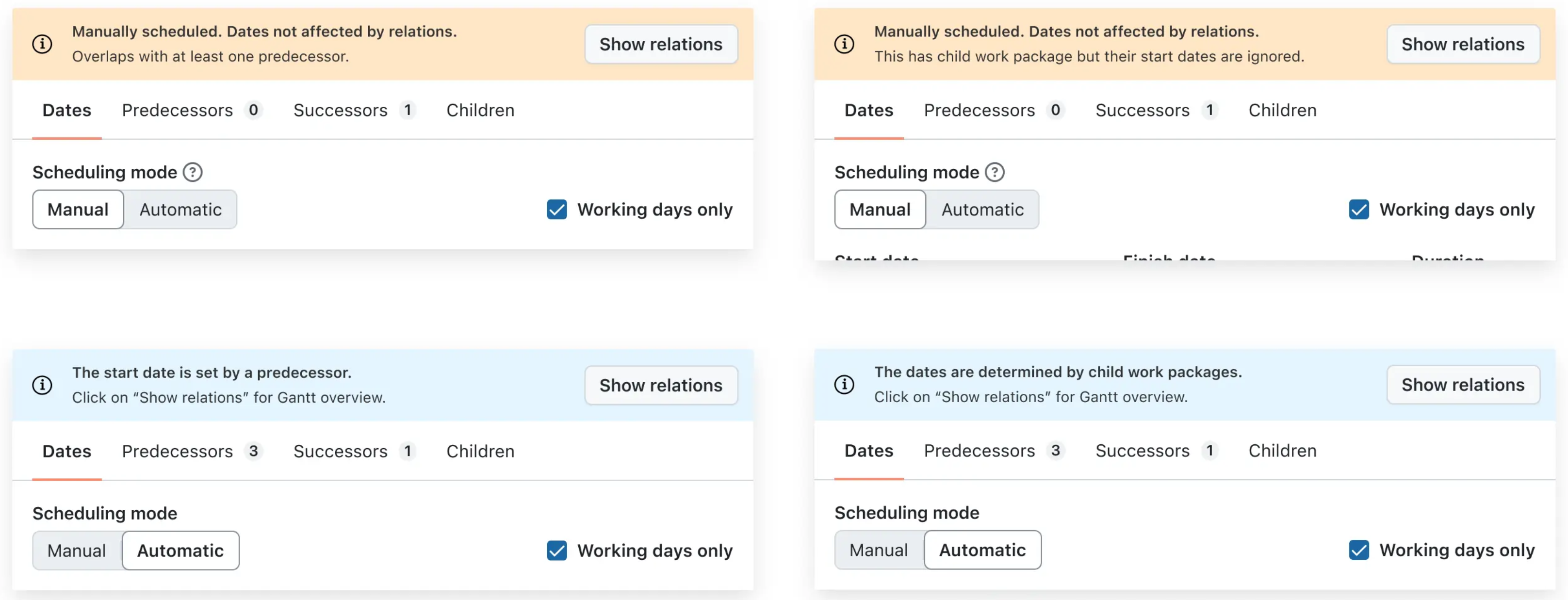 Examples of four possible date picker information banners in OpenProject
