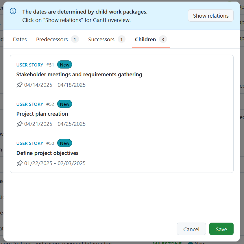 Date picker tab in an OpenProject work package with the children tab opened and showing children work packages