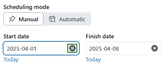 A focused date field has an X to clear it